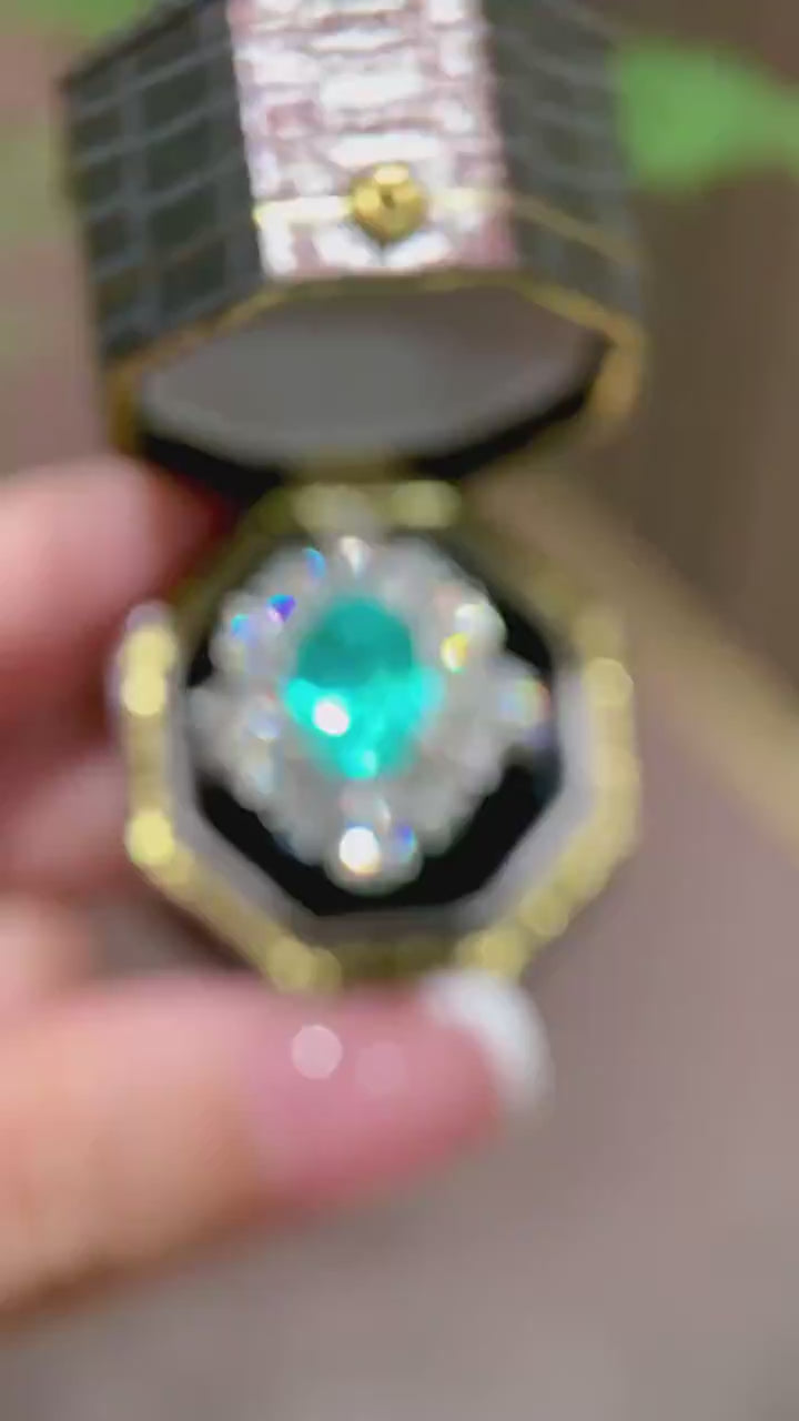 Aurelia Ocean Bloom – Oval Teal Lab-Grown Diamond Floral Halo Cocktail Ring with Marquise Petal Cluster and Luxury Statement Setting