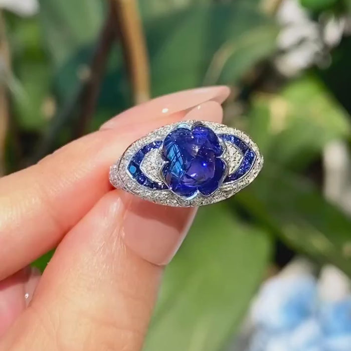 Noctivelle Bloom Ring – Sculpted Floral Sapphire-Tone Center with Pavé Diamond Marquise Halo in White Gold