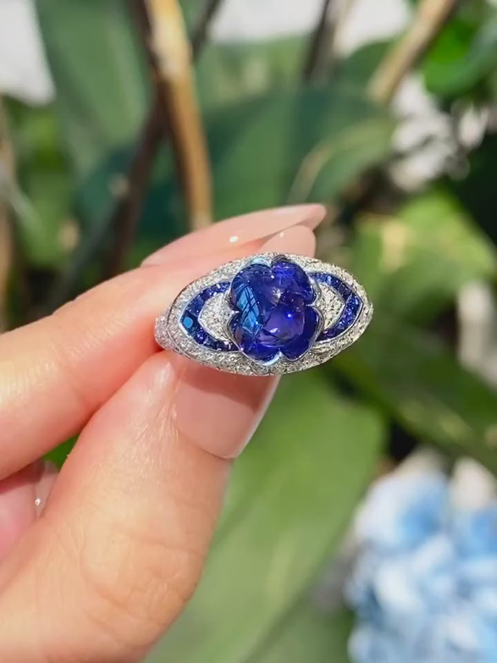 Noctivelle Bloom Ring – Sculpted Floral Sapphire-Tone Center with Pavé Diamond Marquise Halo in White Gold