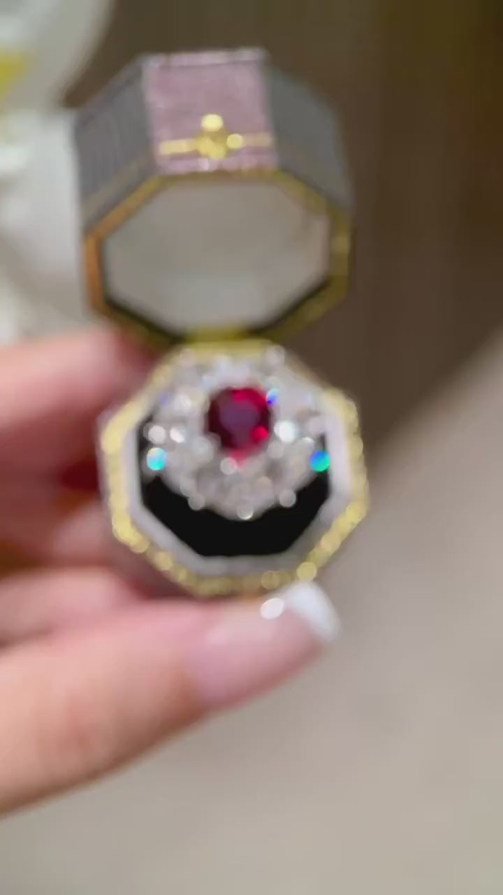 Astrielle – Ruby and Diamond Floral Halo Cocktail Ring in Platinum with Pear and Marquise Lab Diamonds