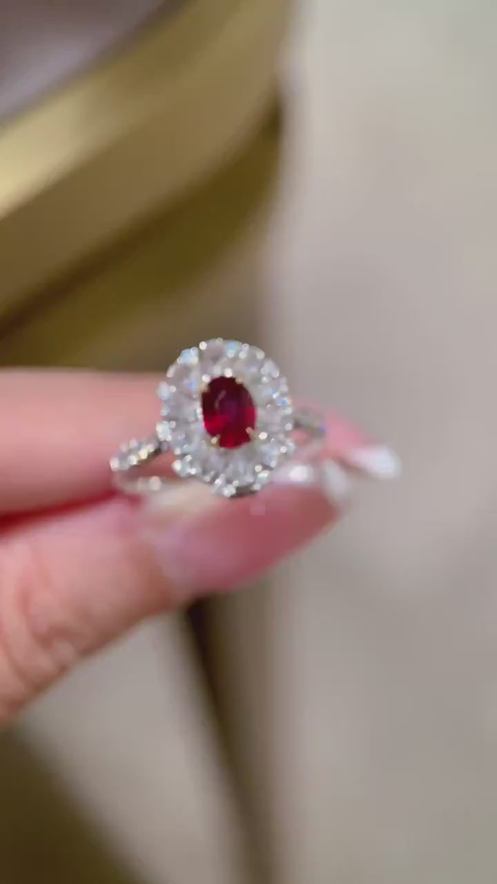 Crimson Aurelia Halo – Oval Red Gemstone Center Ring with Radiant Marquise Diamond Floral Halo and Pavé Diamond Shank
