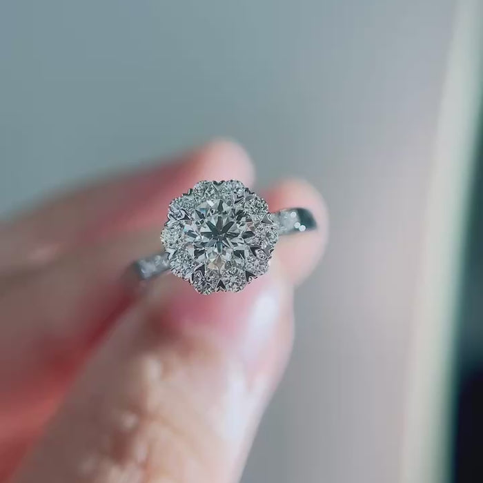 Rosette Halo - Round Lab-Grown Diamond Engagement Ring with Floral Cluster Halo, Pavé Diamond Band and Hidden Ruby Accent
