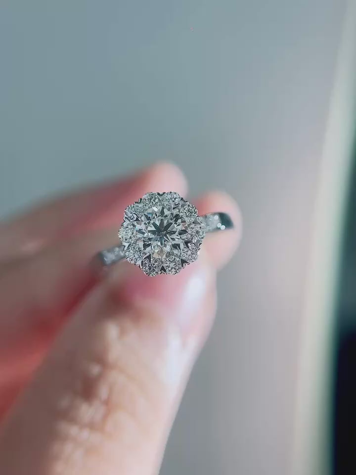Rosette Halo - Round Lab-Grown Diamond Engagement Ring with Floral Cluster Halo, Pavé Diamond Band and Hidden Ruby Accent