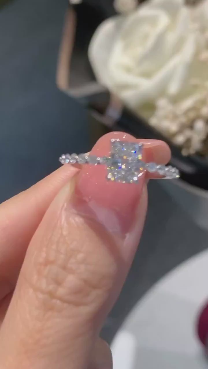 Aurelisse Pavé Radiance – Cushion Cut Lab-Grown Diamond Solitaire Engagement Ring with Four-Prong Setting and Delicate Pavé Diamond Band