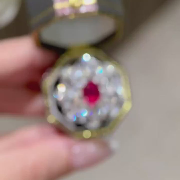 Crimson Aurora Bloom – Oval Ruby Center Floral Cluster Halo Lab-Grown Diamond Cocktail Ring with Vintage Inspired Brilliant Diamond Petal Design
