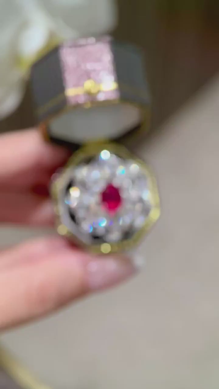 Crimson Aurora Bloom – Oval Ruby Center Floral Cluster Halo Lab-Grown Diamond Cocktail Ring with Vintage Inspired Brilliant Diamond Petal Design