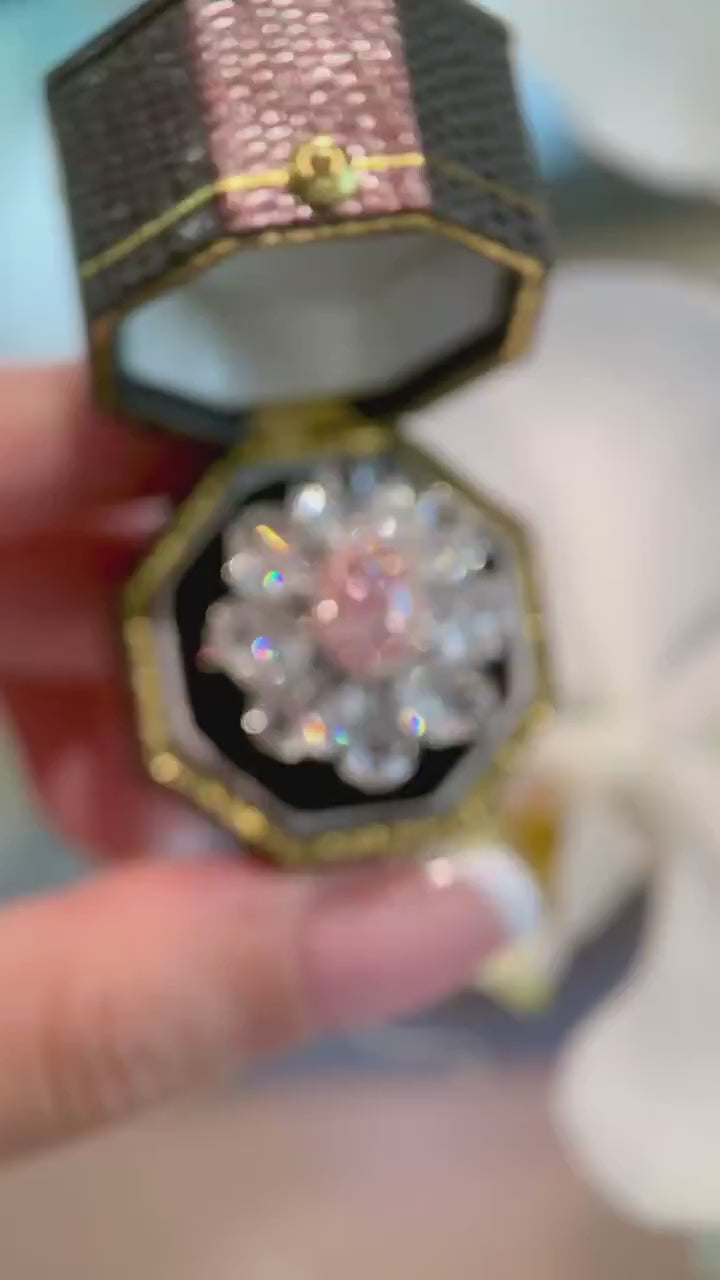 Velanora – Fancy Pink Oval Diamond Statement Ring with Double Floral Halo in Pear & Marquise Cut