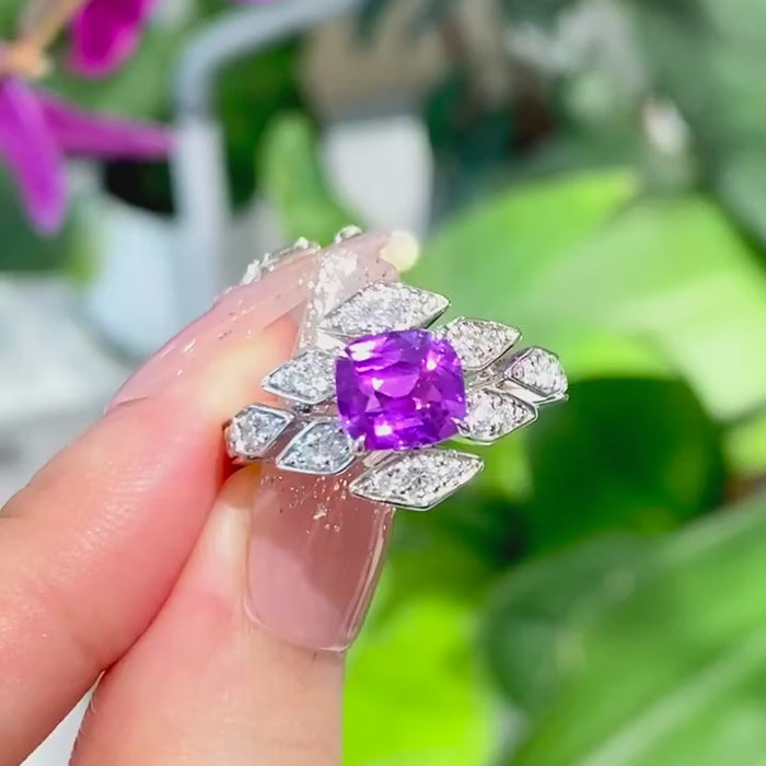 Amethyne Bloom Ring – Cushion-Cut Purple Center Stone with Marquise Diamond Floral Halo Statement Ring