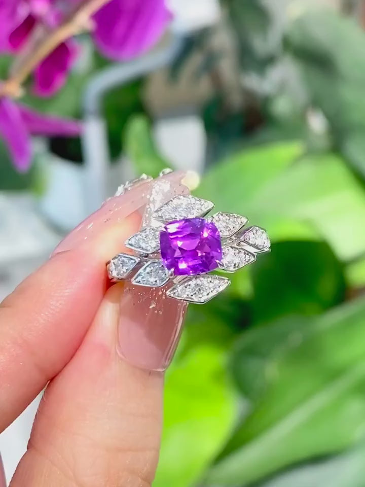 Amethyne Bloom Ring – Cushion-Cut Purple Center Stone with Marquise Diamond Floral Halo Statement Ring