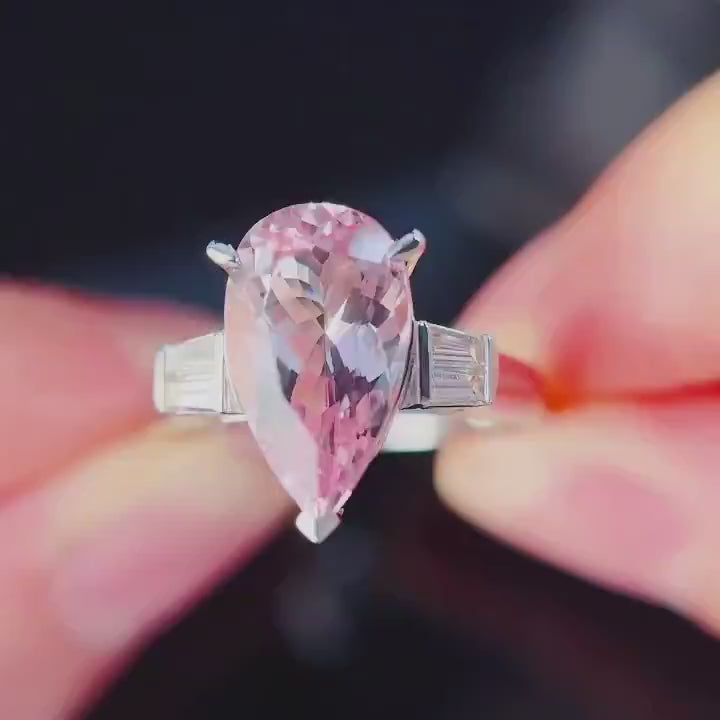 Blush Imperial Pear Morganite Ring – 2.61CT Pear Cut Pink Morganite Three-Stone Engagement Ring with Tapered Baguette Diamond Side Stones in White Gold