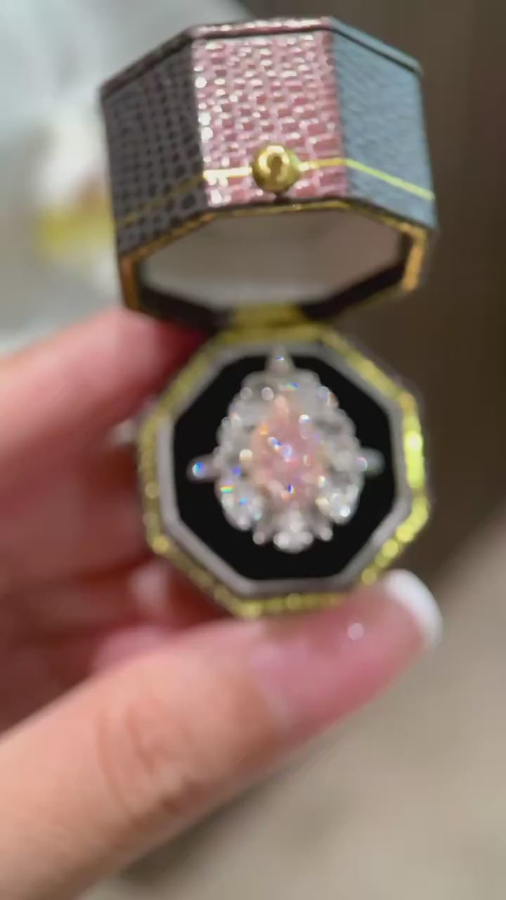 Florivienne – Pink Pear Cut Diamond Halo Ring with White Marquise and Pear Cluster Setting