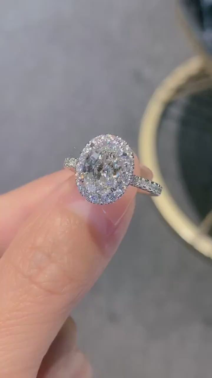 Celistra – Oval Lab Diamond Engagement Ring with Halo Setting & Pavé Band