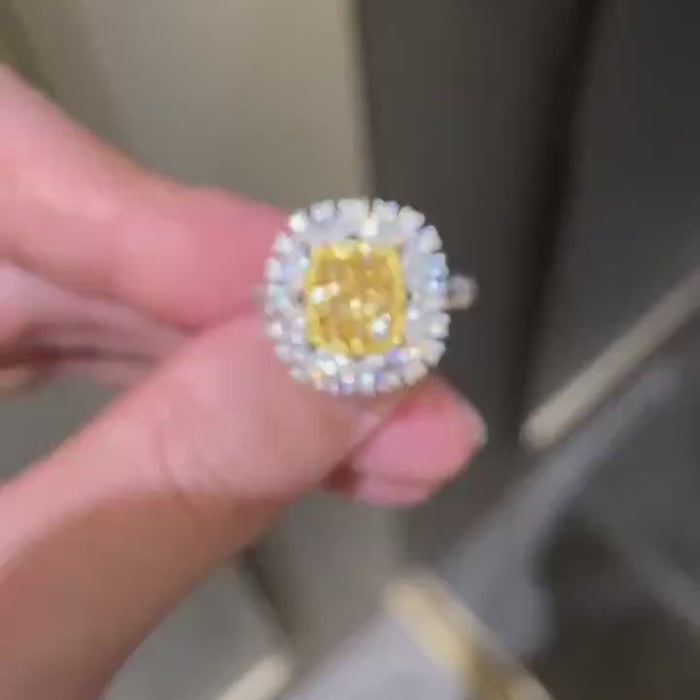 Solévia Halo Ring – Fancy Yellow Cushion Cut Lab Diamond Ring with Double Marquise Floral Halo