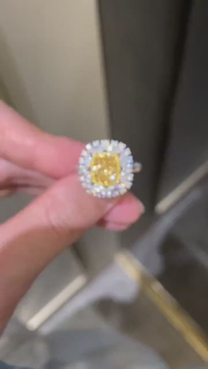 Solévia Halo Ring – Fancy Yellow Cushion Cut Lab Diamond Ring with Double Marquise Floral Halo