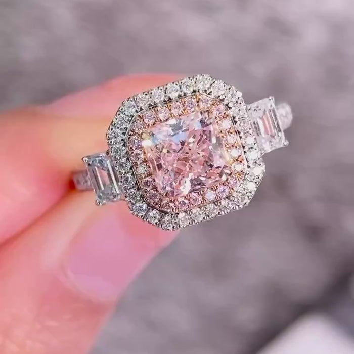Radiant Pink Lab Diamond Ring with Double Halo and Tapered Baguette Accents