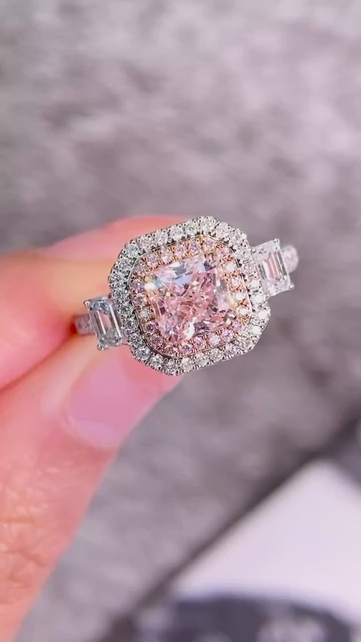 Radiant Pink Lab Diamond Ring with Double Halo and Tapered Baguette Accents