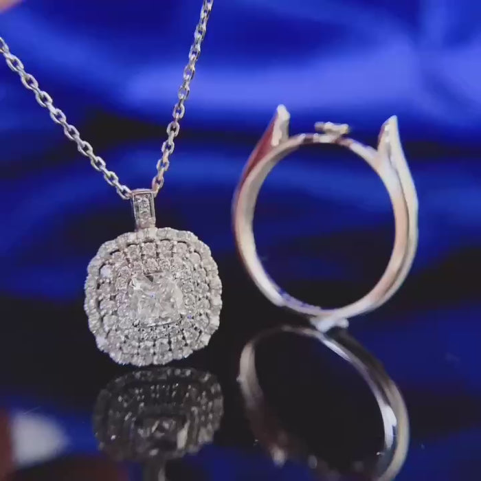 A cushion cut lab-grown diamond ring showcasing DEF color, VS+ clarity, luminous double halo brilliance, and sculpted pavé split shank craftsmanship.