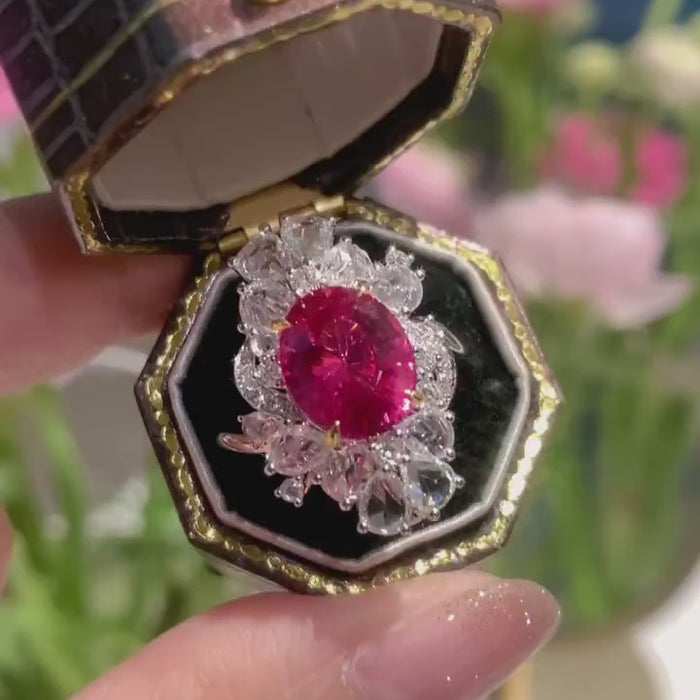 Aveloria – Oval Ruby and Diamond Floral Halo Cocktail Ring in Platinum with Marquise and Pear Accents