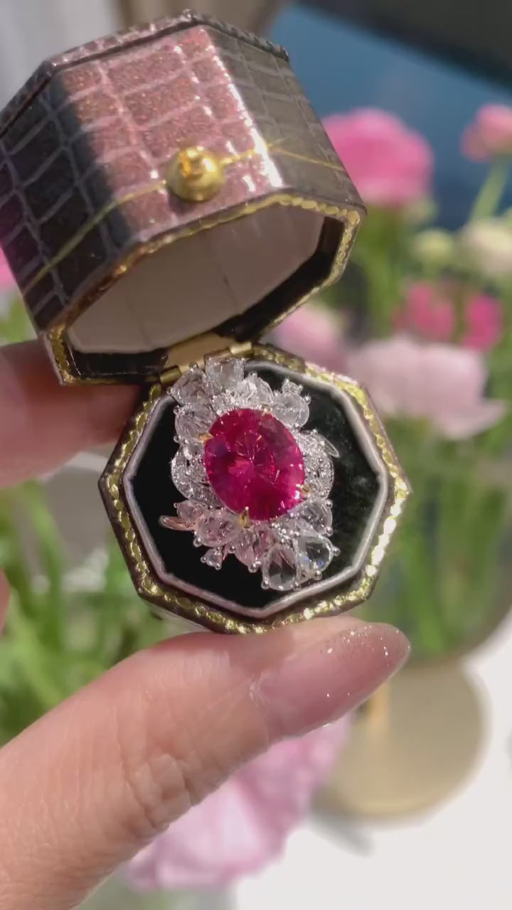 Aveloria – Oval Ruby and Diamond Floral Halo Cocktail Ring in Platinum with Marquise and Pear Accents