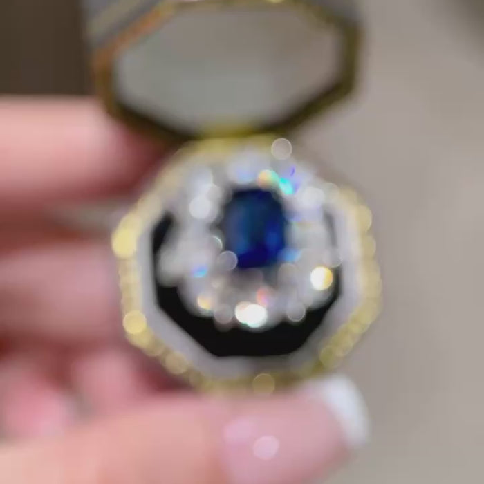 Regalia Azure Bloom – Cushion Cut Royal Blue Sapphire Cocktail Ring with Pear and Marquise Diamond Floral Halo Statement Ring