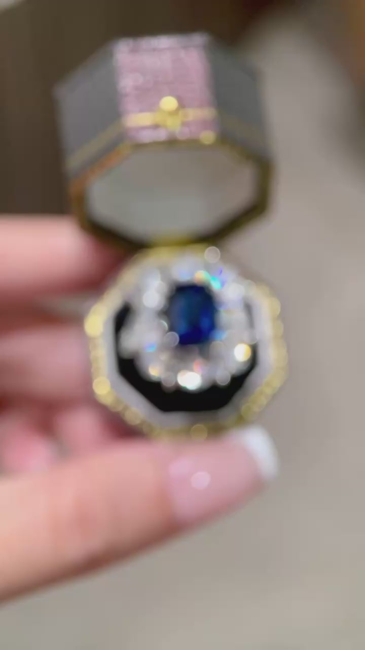 Regalia Azure Bloom – Cushion Cut Royal Blue Sapphire Cocktail Ring with Pear and Marquise Diamond Floral Halo Statement Ring