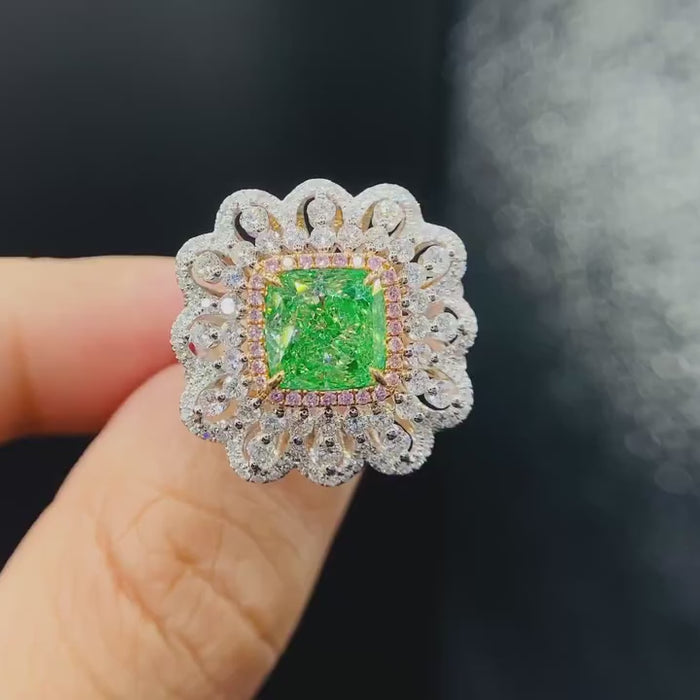 Verdelle Bloom – Cushion Cut Green Lab-Grown Diamond Floral Halo Cocktail Ring with Pink Diamond Frame and Scalloped Pavé Diamond Lace Setting