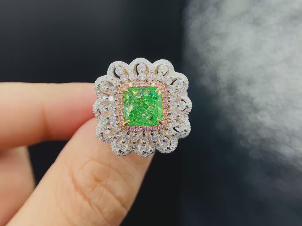 Verdelle Bloom – Cushion Cut Green Lab-Grown Diamond Floral Halo Cocktail Ring with Pink Diamond Frame and Scalloped Pavé Diamond Lace Setting