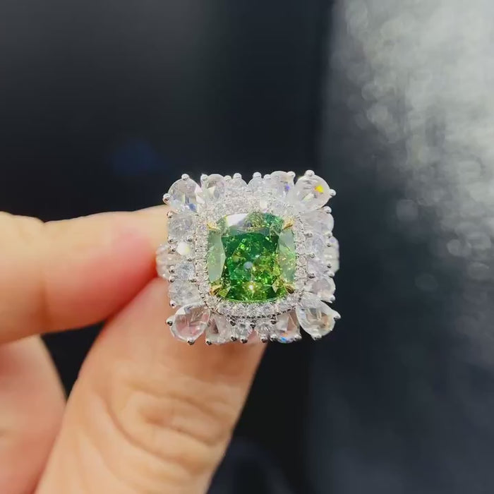 Verdant Aura – Cushion Cut Green Lab-Grown Diamond Double Halo Cocktail Ring with Pear & Round Floral Cluster