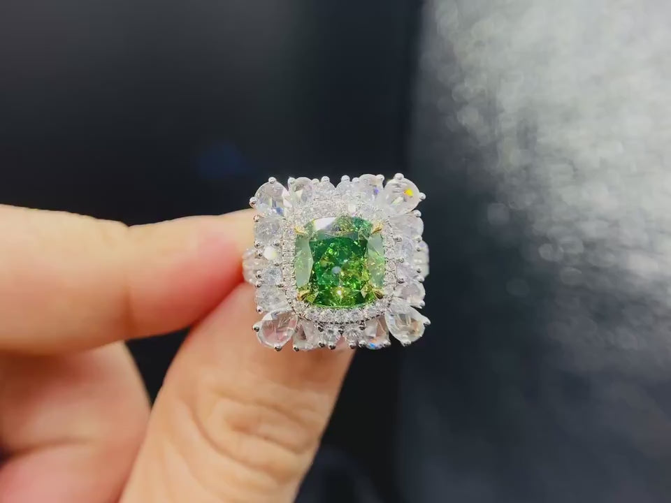 Verdant Aura – Cushion Cut Green Lab-Grown Diamond Double Halo Cocktail Ring with Pear & Round Floral Cluster