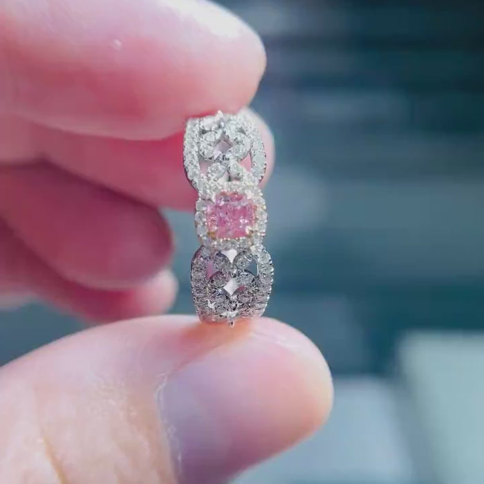 Aurivine – Cushion Cut Pink Lab Diamond Halo Band with Floral Pavé Detailing in White Gold or Platinum