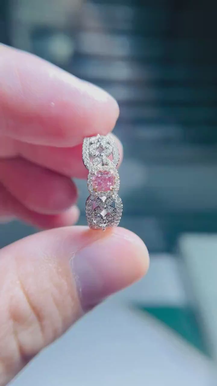 Aurivine – Cushion Cut Pink Lab Diamond Halo Band with Floral Pavé Detailing in White Gold or Platinum