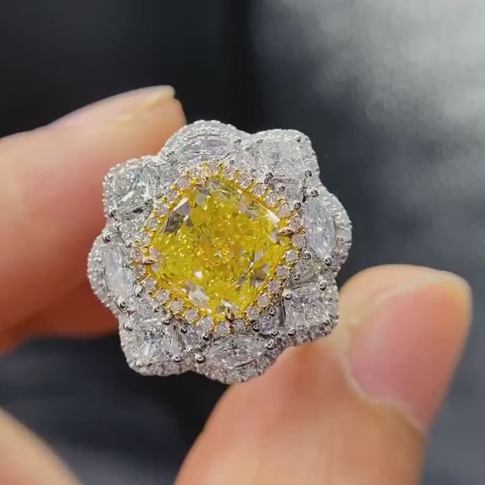 Gildoria Bloom – Cushion Yellow Diamond Floral Halo Engagement Ring with Marquise Accents in High Polish Gold