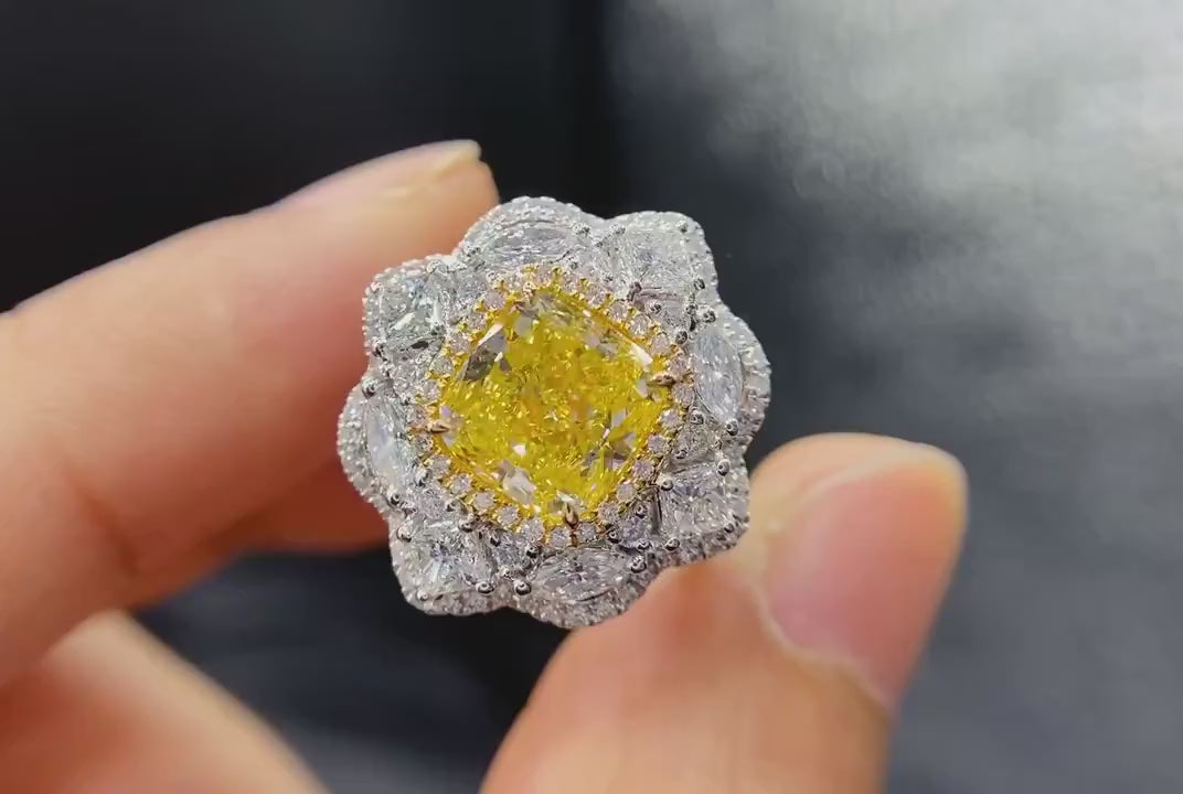 Gildoria Bloom – Cushion Yellow Diamond Floral Halo Engagement Ring with Marquise Accents in High Polish Gold