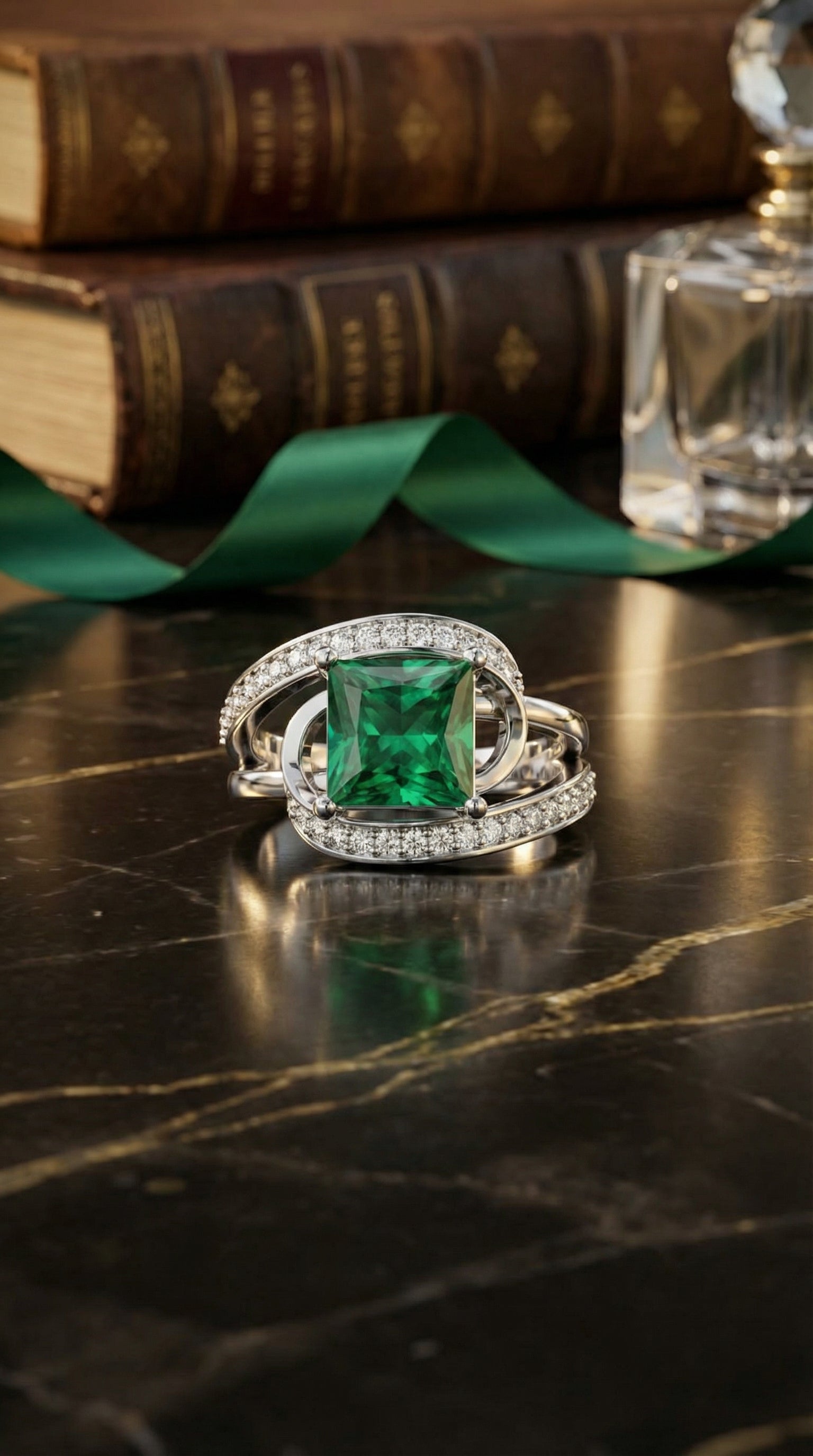 Top view of princess cut green lab-grown diamond engagement ring featuring curved pavé diamond orbit halo and sculptural split shank setting in polished white gold