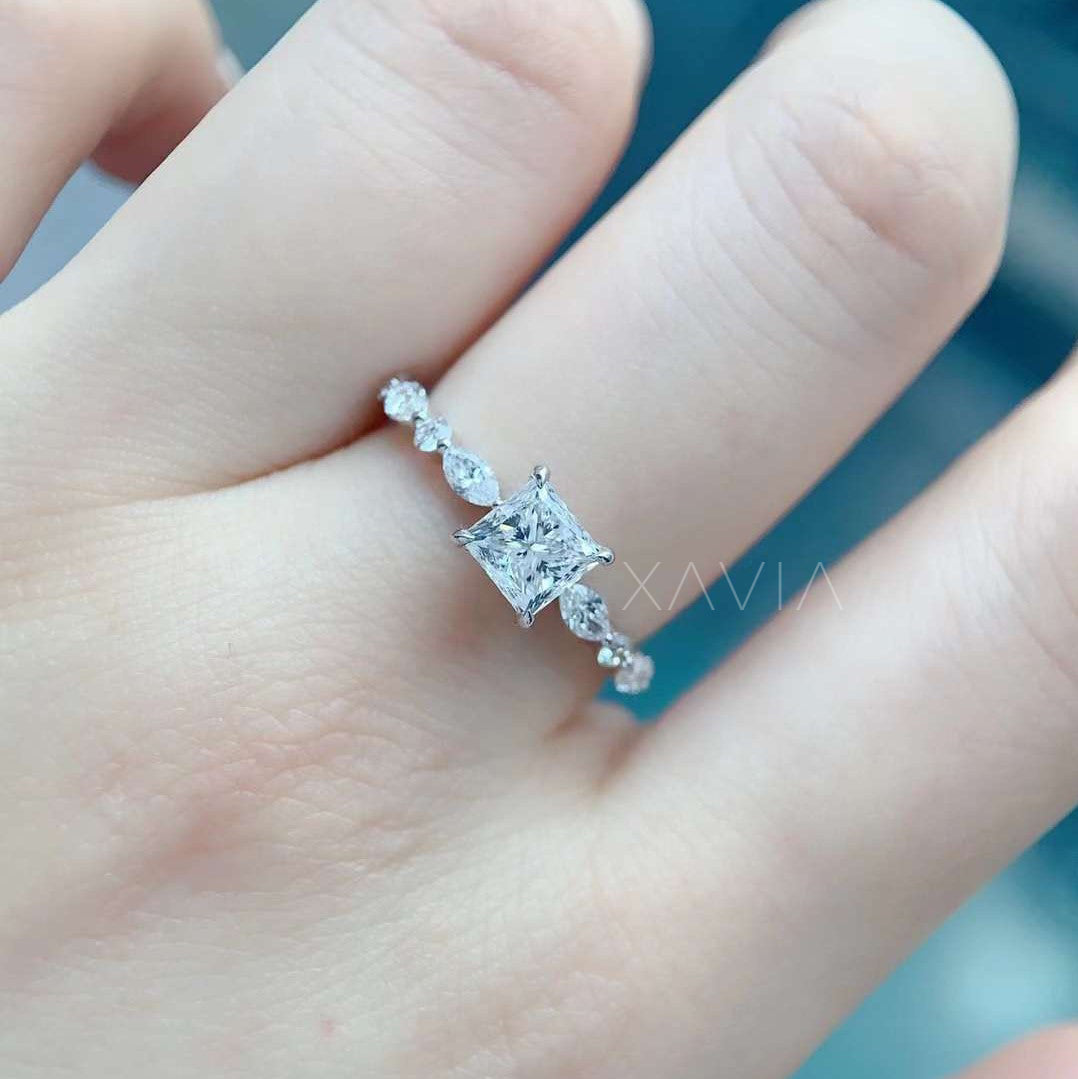 princess cut lab diamond engagement ring on model’s hand