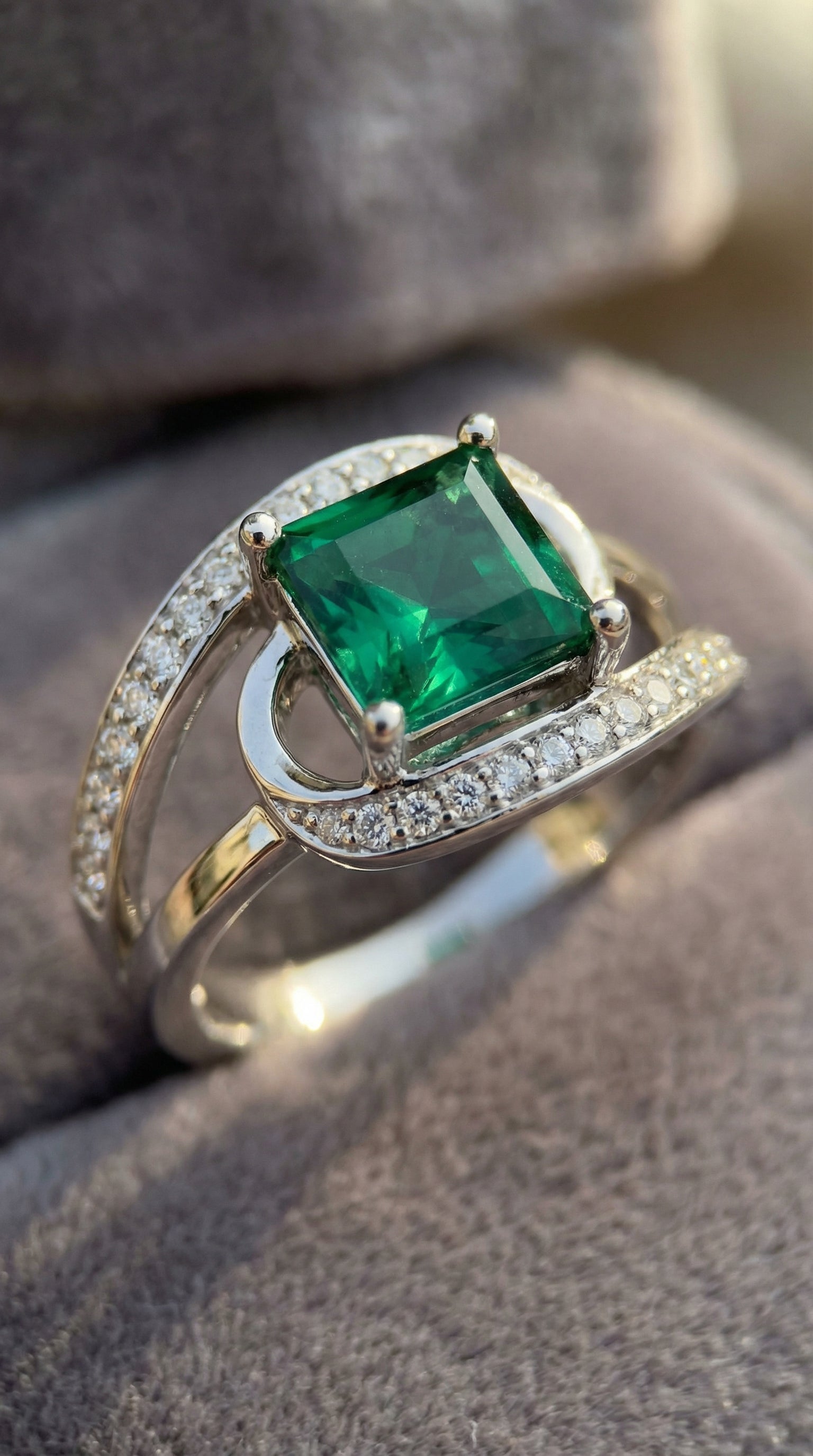 Angled close-up of princess cut green lab-grown diamond engagement ring highlighting curved pavé diamond halo arcs and polished gold split shank structure
