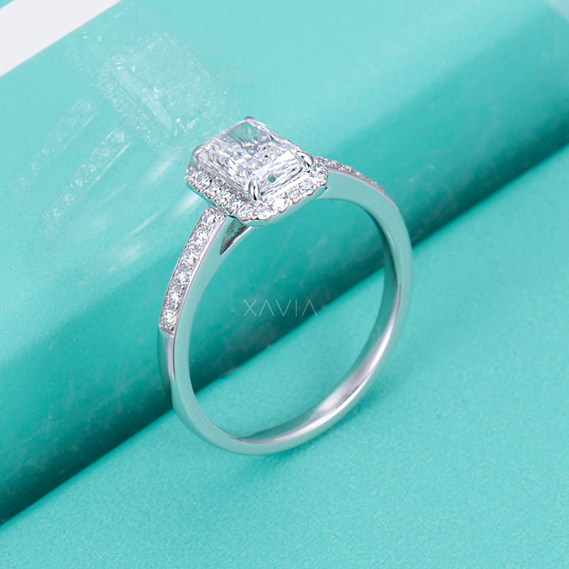 Side profile of radiant cut lab grown diamond halo engagement ring revealing elevated gallery setting and pavé diamond band craftsmanship