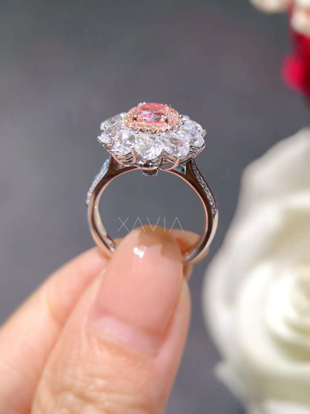bottom rear view of floral pink and white diamond statement ring