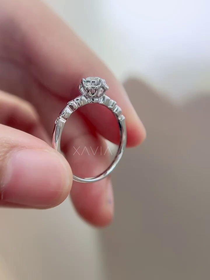 Luxury Roselith floral halo engagement ring with round lab-grown diamond, captured close-up to highlight sparkle, petal design, and fine metal finish.