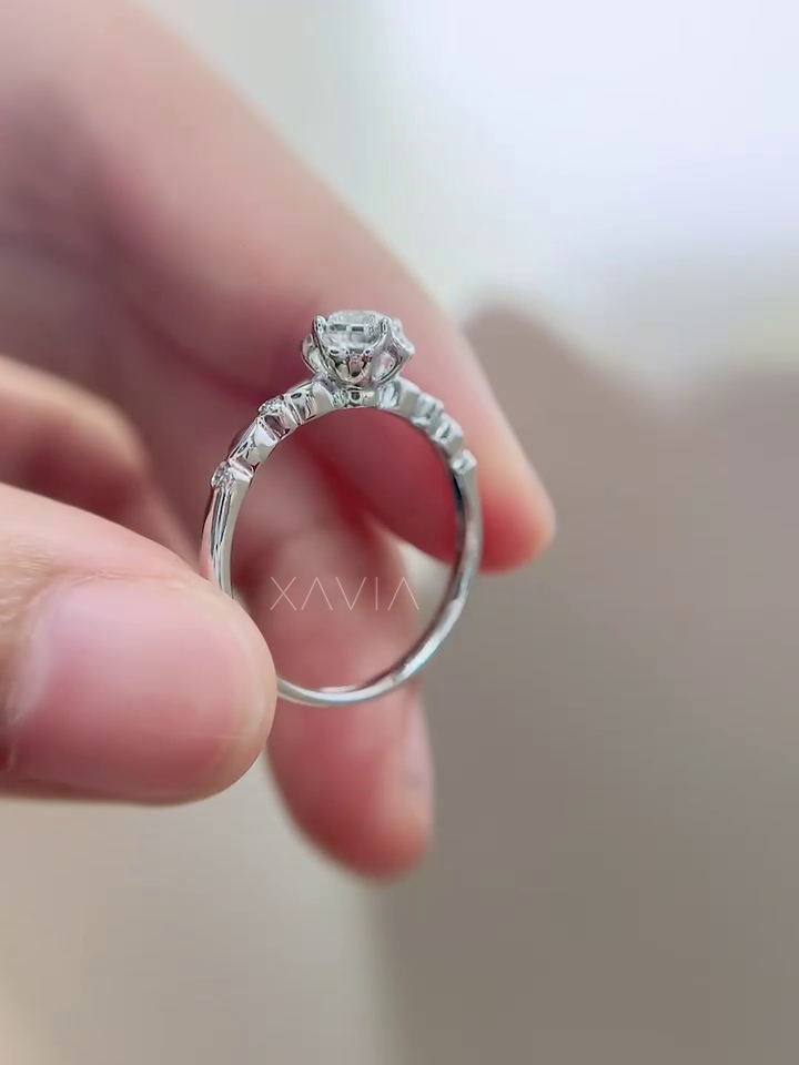 Back view of Roselith floral halo diamond ring revealing open gallery, balanced structure, and expert hand-set construction.