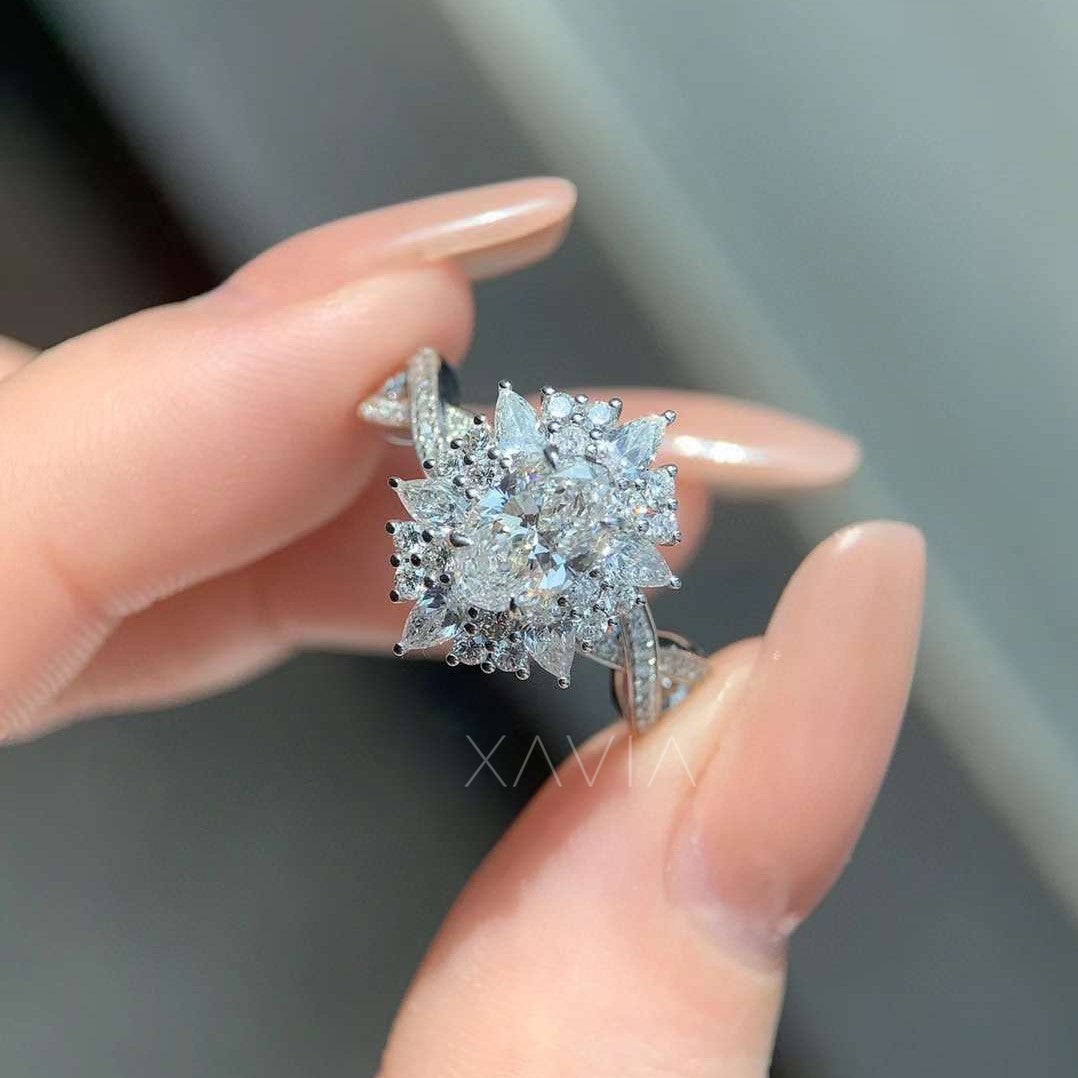 top view of blooming floral ring with round center lab diamond