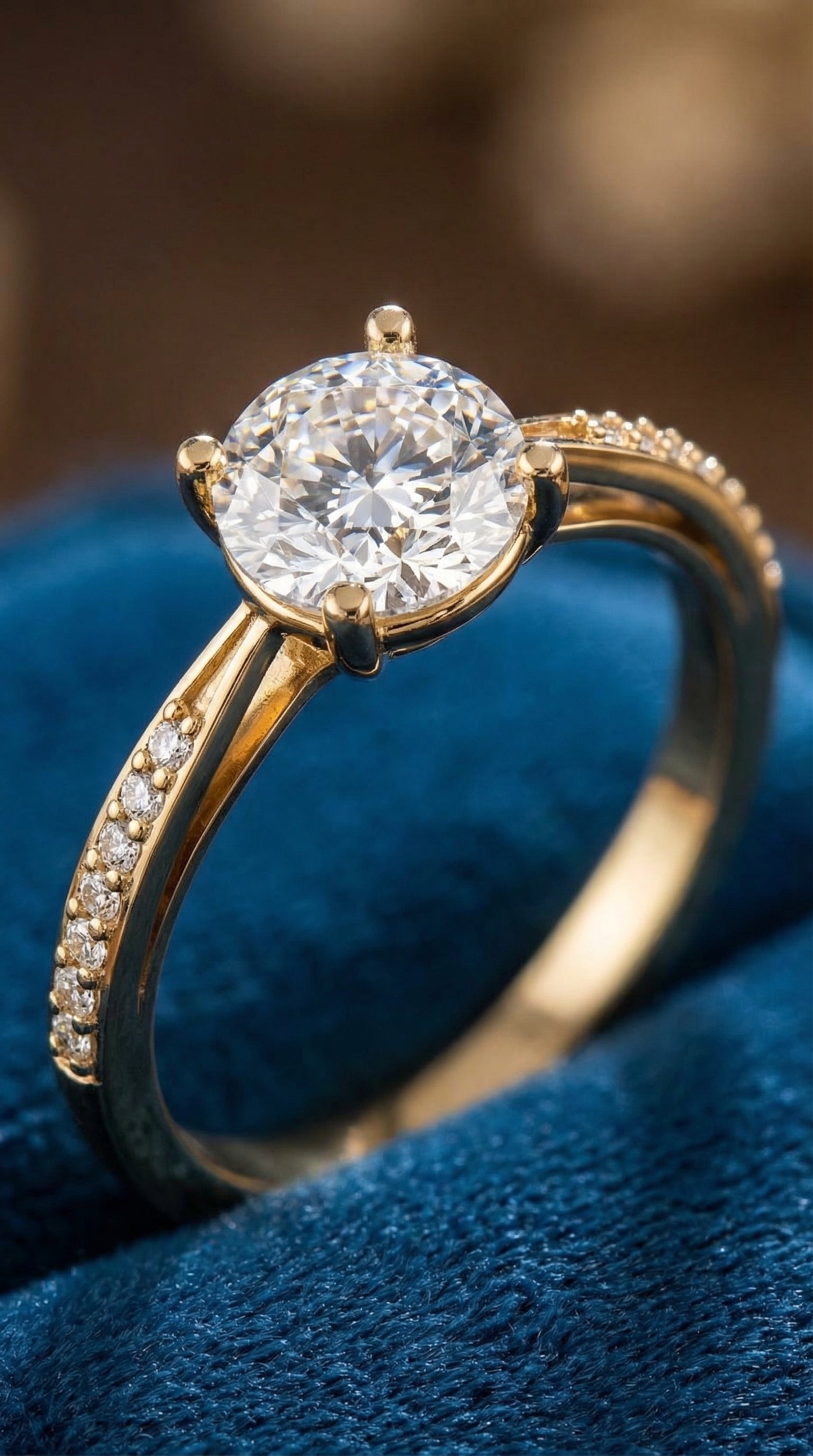 close angled view of round brilliant lab diamond engagement ring highlighting pavé diamonds along slender band and classic four prong solitaire setting