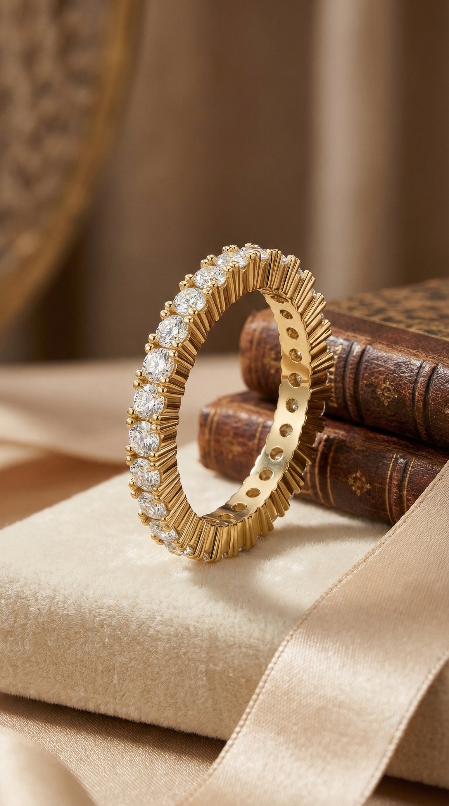 luxury round brilliant lab grown diamond eternity band ring featuring sculpted fluted yellow gold structure with shared prong diamond row photographed in warm luxury jewelry styling