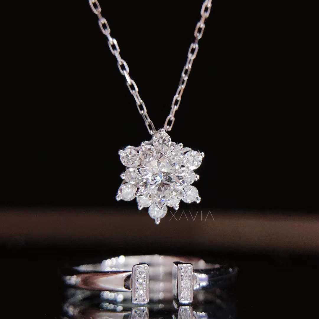 round brilliant lab grown diamond floral cluster halo ring displayed beside matching diamond pendant necklace showing starburst flower design and polished band