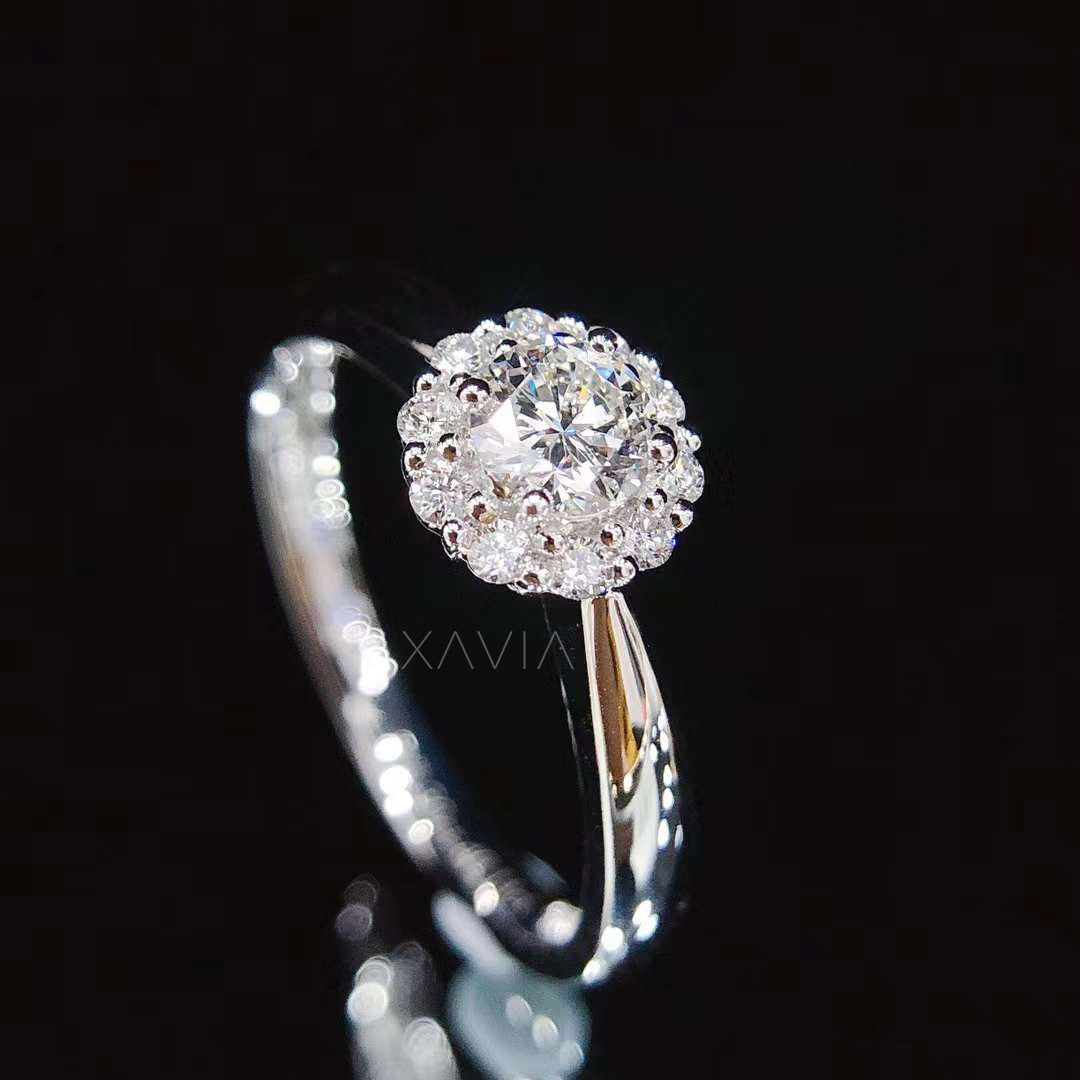 Front view of round cut lab diamond engagement ring featuring floral halo design, split shank band, and high polish luxury finish