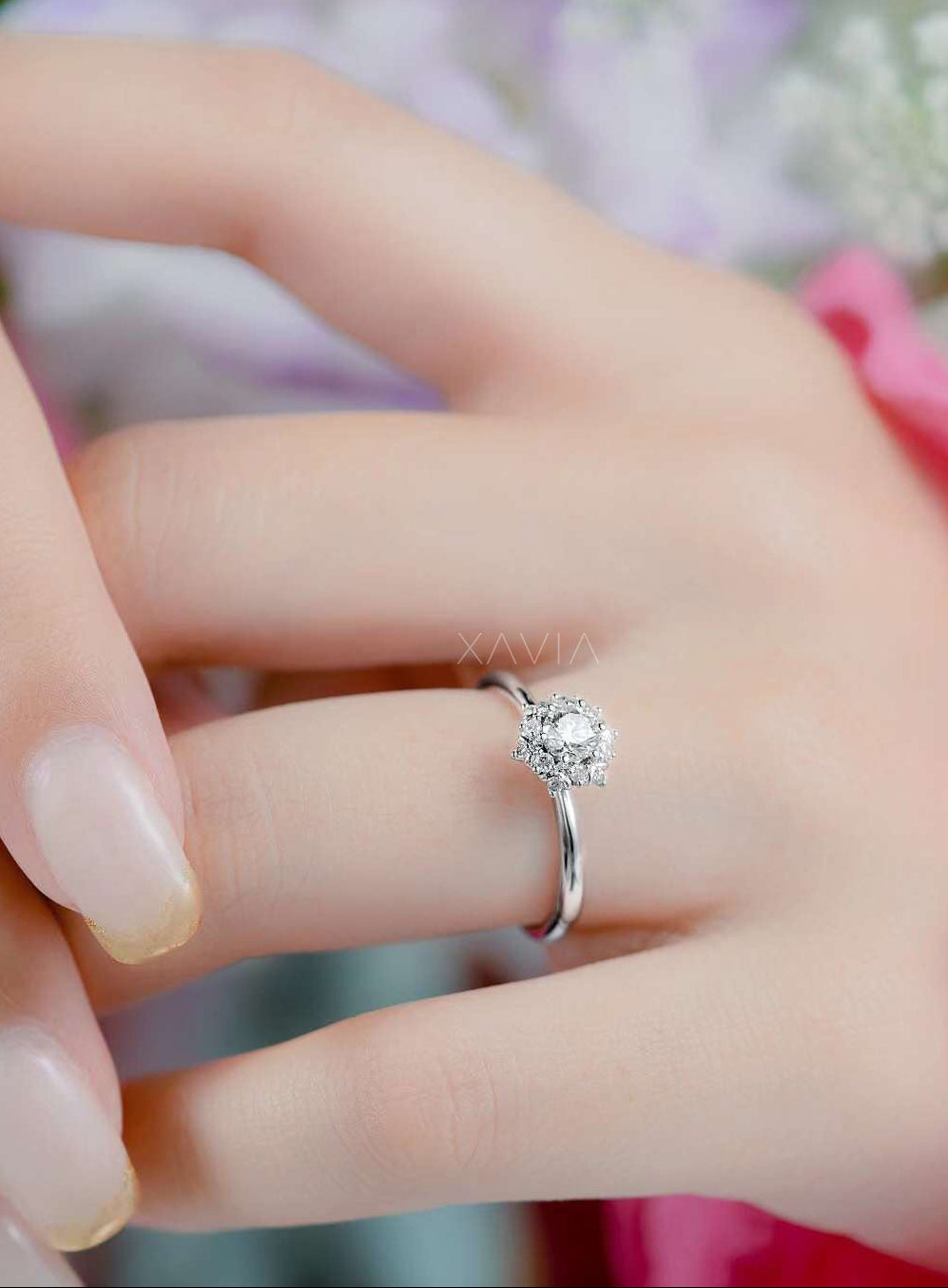 Underside basket view of floral halo lab diamond ring showing open prong structure and handcrafted elevated setting