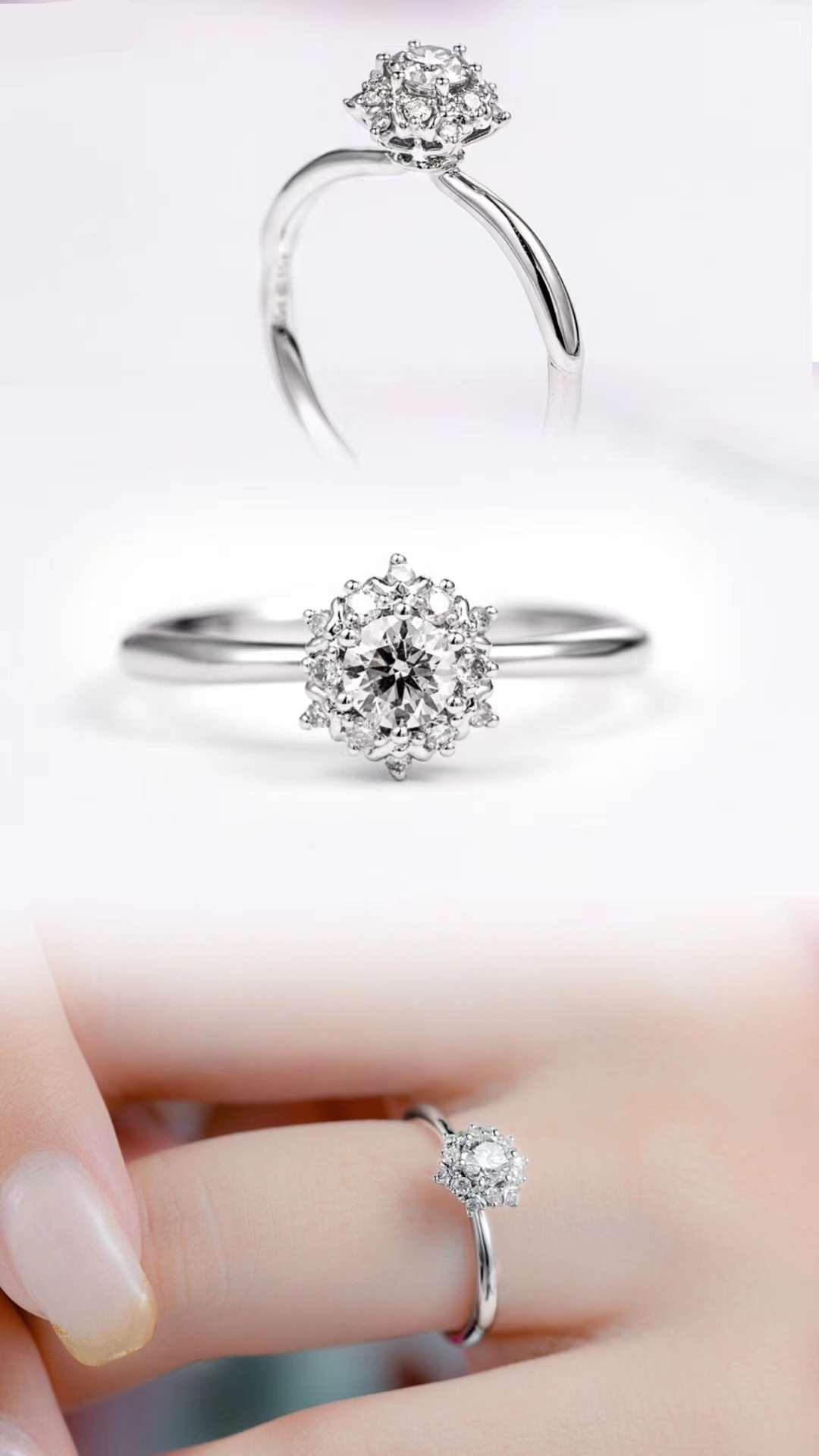 Top angle view of round brilliant lab diamond engagement ring with clustered floral halo and symmetrical prong setting