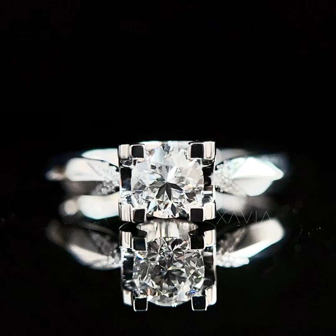 Round cut lab grown diamond engagement ring worn on hand, showing elegant proportions, split shank band, and refined solitaire presence