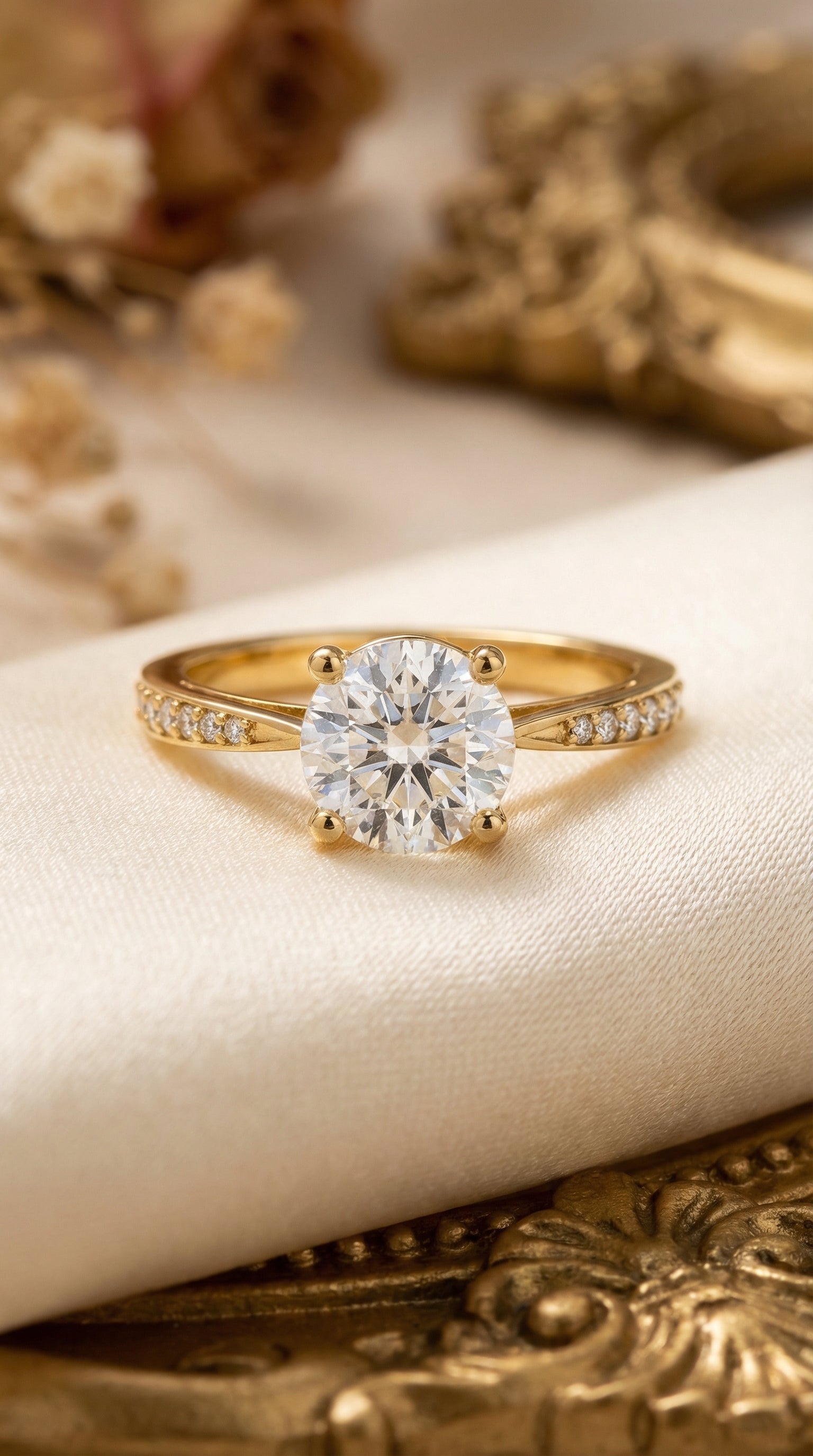 CAD rendering of round brilliant lab grown diamond solitaire engagement ring with pavé split shank and four prong setting showing diamond layout and ring proportions