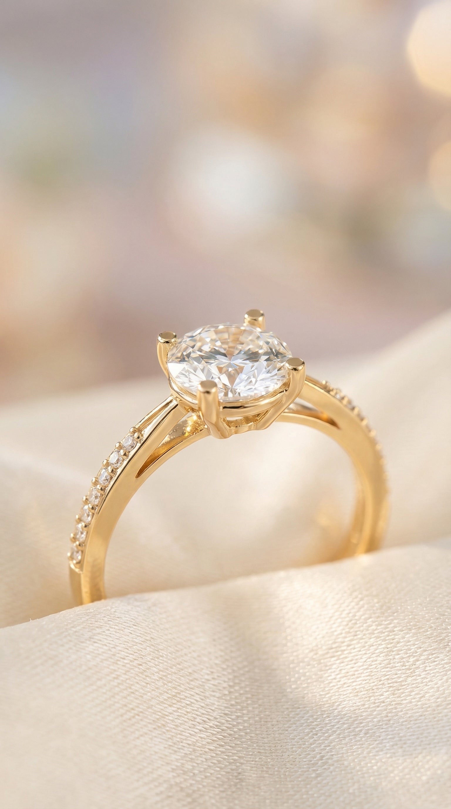 lifestyle image of round brilliant lab grown diamond engagement ring with pavé band displayed beside vintage jewelry box and soft lighting background